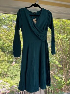 Long Sleeve Teal Faux-Wrap Midi Dress